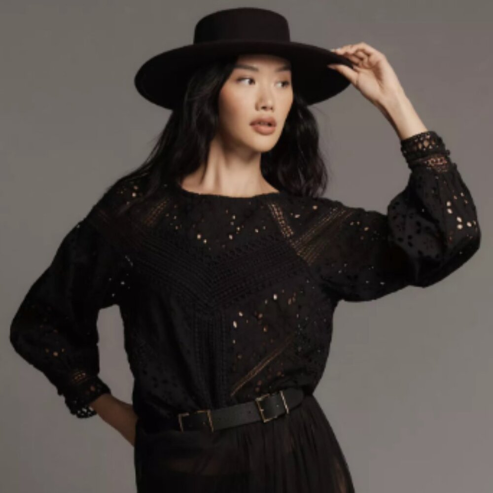 NWT Anthropologie Black Lace Cutwork Blouse